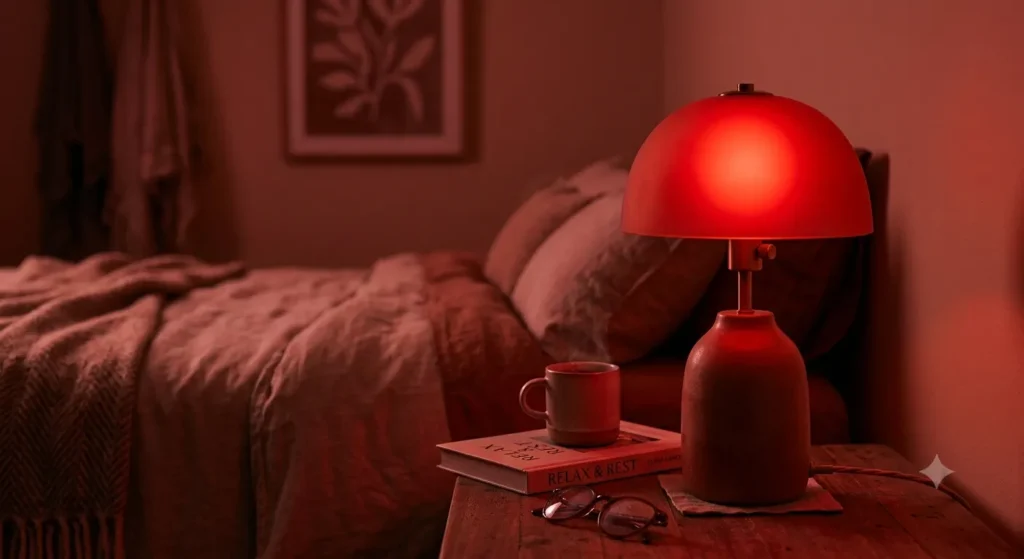 antiblauw rood licht lamp in een slaapkamer voor optimaal bioritme en melatonine aanmaak.