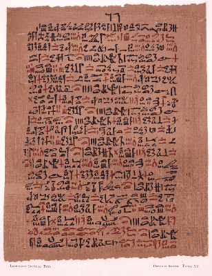 Fragment des Papyrus Ebers, des ägyptischen medizinischen Dokuments aus der Zeit um 1550 v. Chr.