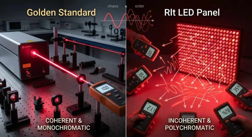 Messgeräte messen die Bestrahlungsstärke eines Rotlichtpanels und eines Laserstrahls
