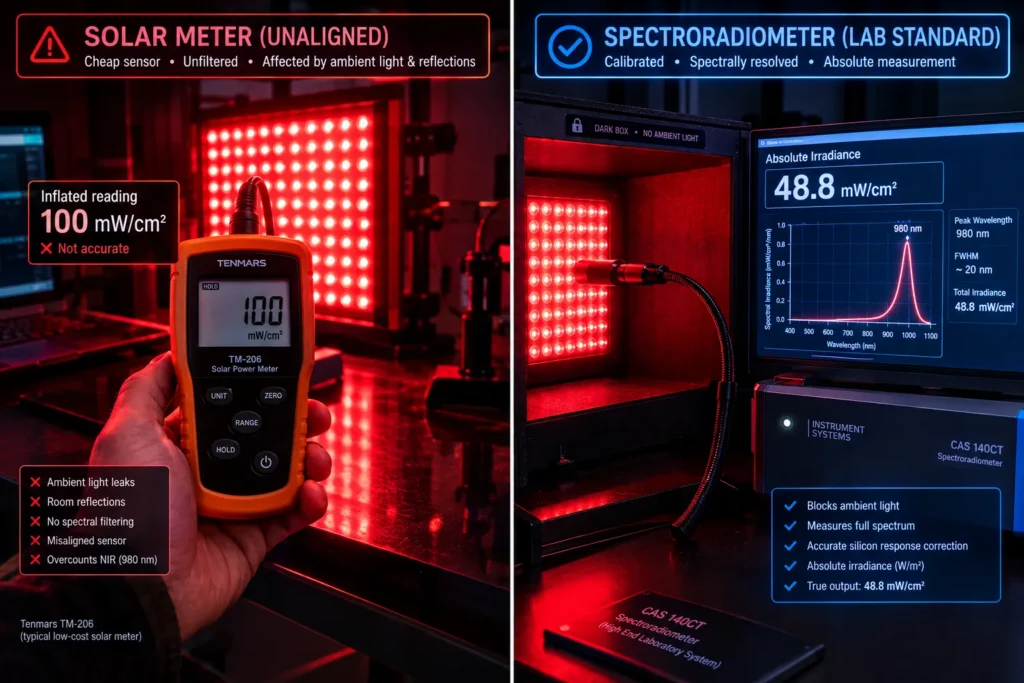 Solarmeter und Spektroradiometer zeigen beide eine Bestrahlungsstärke an