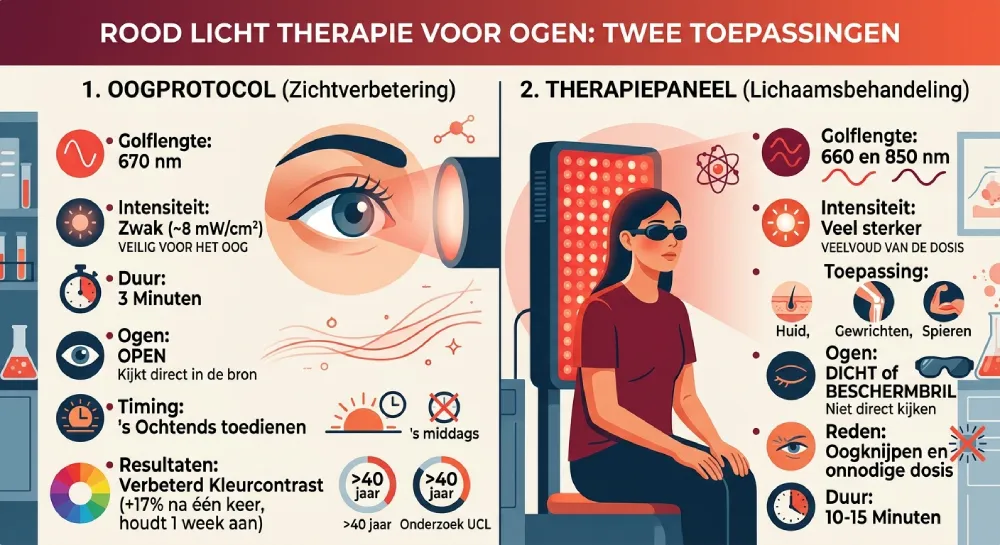 Uitleg weergave over verschil tussen ogen behandelen en normale rood licht therapie ogen